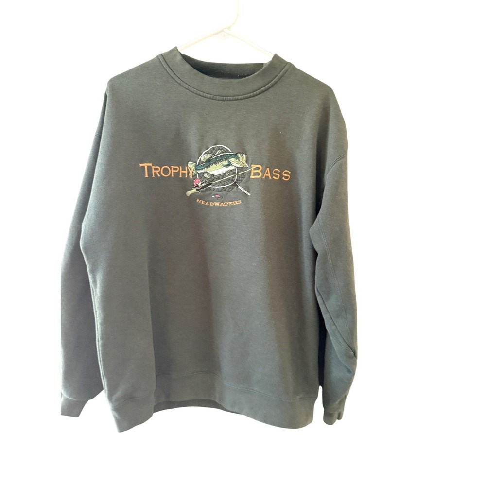 Headwaters Vintage 90s Mens Trophy Bass Embroidered Sweatshirt Green‎ Crewneck L